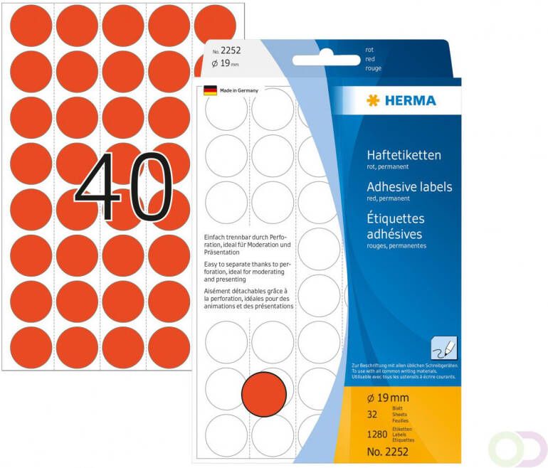 Herma Multipurpose etiketten Ã 19 mm rond rood geperforeerd permanent hechtend om